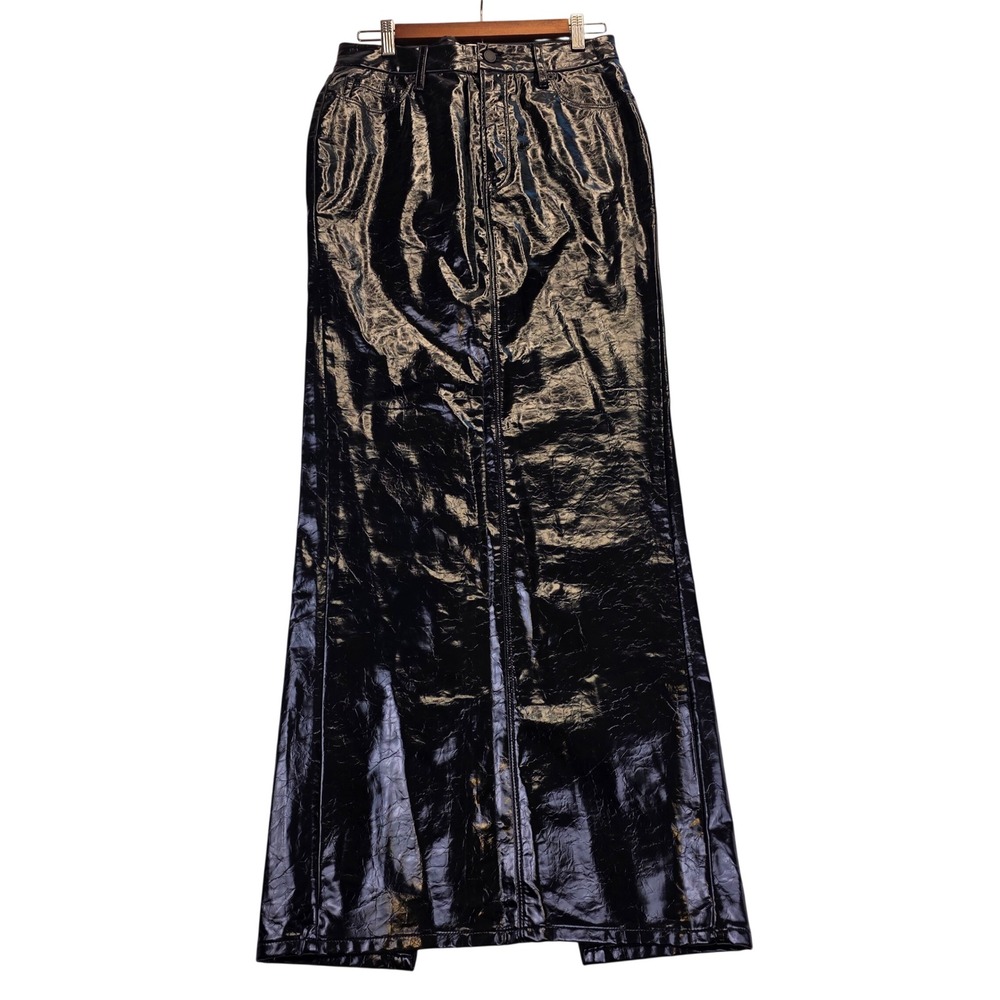 Good American Black Vinyl Maxi Skirt Size 6 28 Faux Leather Patent Long Zip Slit